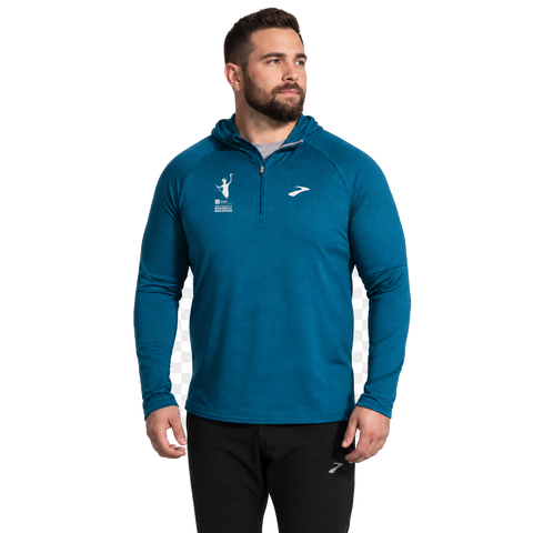 CNO IMM Brooks Men's Notch Thermal Hoodie - Heather Ocean front angle, thigh-up model