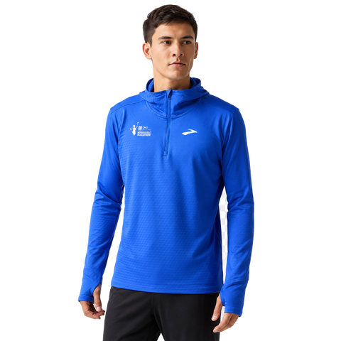 CNO IMM Men's Brooks Notch Thermal Hoodie - Neo Blue front angle, thigh-up model