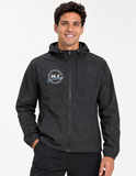 Front model view of the black men's CNO IMM 26.2 finisher jacket with a cream and light-blue emblem on the wearer's right chest.