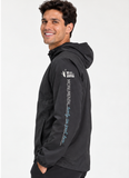 Side model view of the black men's CNO IMM finisher jacket showing the Monumental Marathon left-sleeve graphic.