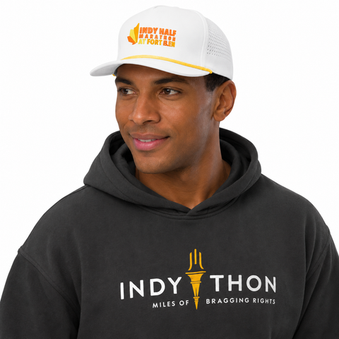 Indy Half Fort Ben Rope Hat - White worn by male model in black Indython hoodie